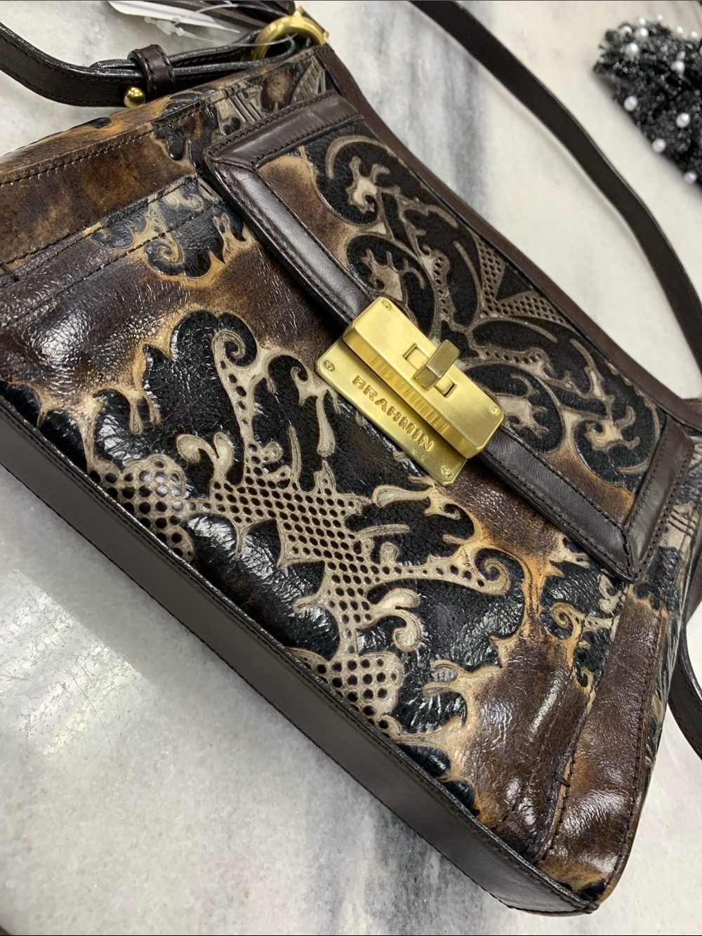 Brahmin Brown and Black Embossed Leather Crossbody with Tassel - Picture 9 of 10